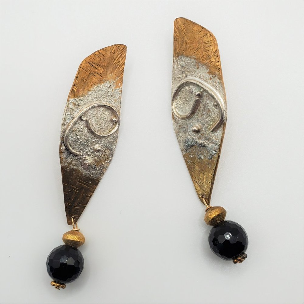Hand-Crafted Artisan Earrings - Burnished Gold/Silver Tone - Black Dangle
